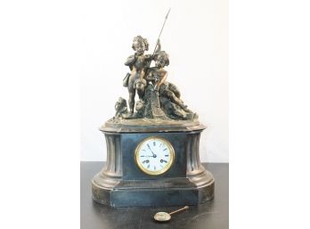 Beautiful Antique Slate Mantel Clock With Bronze Sculpture Of Two Boys Fishing
