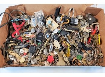 Huge Lot Of Vintage Keys, Locks, Keychains And More