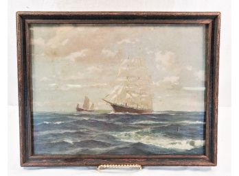 Antique Signed Framed Print Under Glass Depicting Tall Ship Schooners In The Ocean