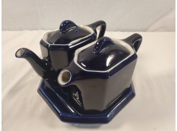 Vintage Hall Pottery USA Cobalt Blue Tray & Two Small Coffee/Tea Pots