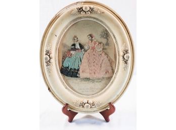 Antique French Framed Color Engraving W/Paper Dolls With Lace And Satin Clothing - 3 Dimensional