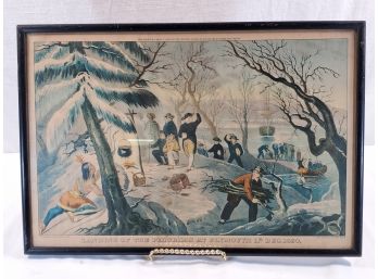Antique Currier And Ives “Landing Of The Pilgrims At Plymouth 11th Dec 1620” Framed Color Lithograph