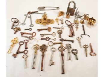 Vintage & Antique Assortment Of Clock Keys, Hardware, Padlocks & Skeleton Keys & More