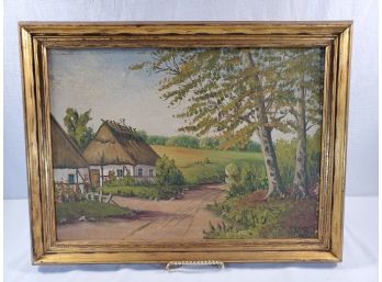 Vintage Signed/Framed Oil Painting On Canvas Thatched Roof Cottages In A Rural Setting