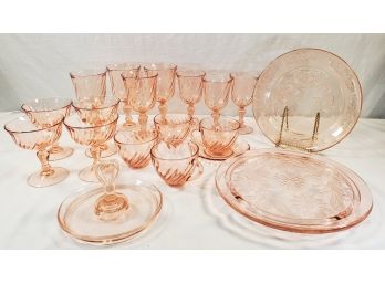 Lovely Assortment Of Pink Depression Glass W/cake Plate, Candy Dish And Glass Ware