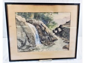 Antique Framed Signed Waterfall River Nature Scene Watercolor Painting