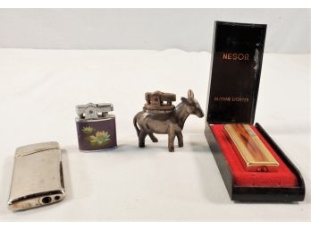 Four Vintage Cigarette Lighters, Really Cool Amico Donkey, Nesor, Continental & More
