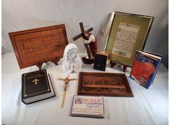 Nice Vintage Assortment Of Religious Figurines, Books, Bible And More