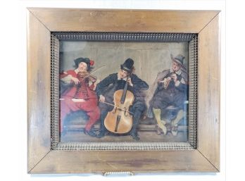 Awesome Antique Carved Wood Framed Color Lithograph Of Renaissance Musicians