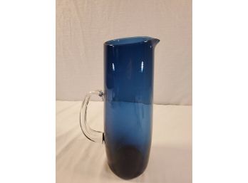 Very Pretty Vintage Cobalt Blue Blown Glass 11' Pitcher W/Clear Applied Handle