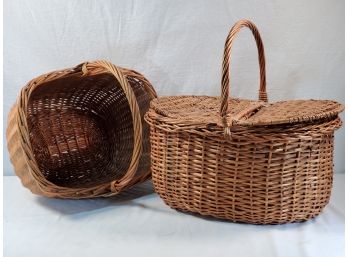 Two Vintage Woven Natural Wicker Picnic Baskets