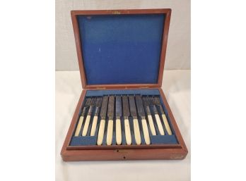 Vintage Sixteen Piece Faux Bone Flatware, Forks & Knives  In Wooden Storage Box