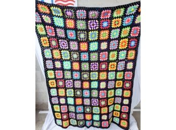 Vintage Handmade Knit  Multicolored Granny Square Afghan Quilt