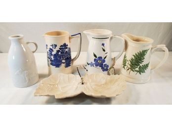 Assortment Of Ceramic Pitchers & Candy Dish, Vintage Sadler Blue Willow Pitcher & More