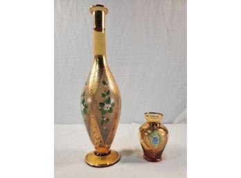 Two Beautiful Italian Venetian 18K Gold Hand Blown & Hand Painted Amber Glass Vases