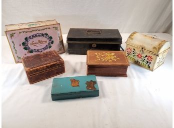 Vintage Lot Of Tin And Wood Assorted Boxes With Very Cool Vintage Black And Gold Painted Cash Box