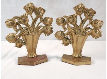 Vintage Pair Of Decorative Crafts Inc Heavy Brass Floral Book Ends