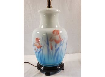 Vintage Opaque Glass Hand Painted Blue And Orange Iris’s Ginger Jar Table Lamp