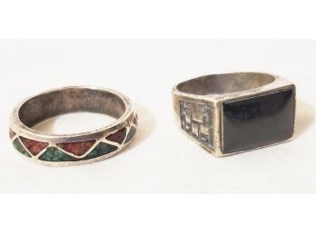 Two Vintage Men's Sterling Silver Rings, Turquoise & Coral Inlaid & Black Onyx