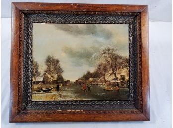 Antique Professionally Framed Print Depicting A Winter Village Scene