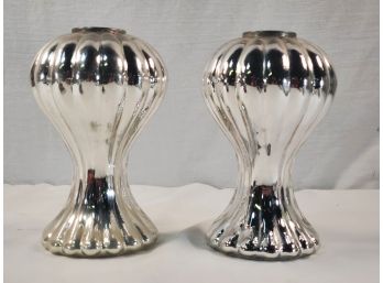 Pretty Pair Of Silver Shiny Mirrored Glass 7' Taper Candle Holders