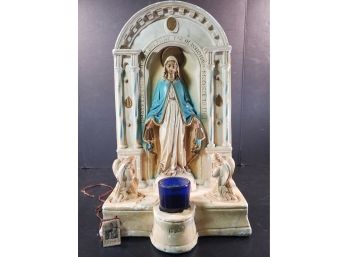 1930s Or 40s Vintage Painted Religious Virgin Mary Chalk Ware Grotto Shrine W/Candle & Angels