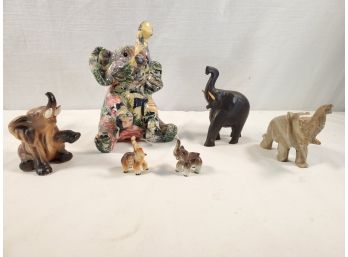 Adorable Assortment Of Vintage Elephants Including Stone, Porcelain, And Carved Wood