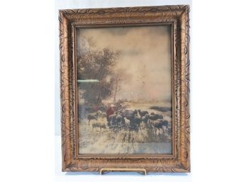 Antique Colored Print Of Woman Shepard And Her Sheep - Comes With Beautiful Carved Wood Frame