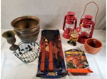 Outdoor Living Mixed Lot - New BBQ Tool Set, Flower Pots, Cute Garden Gnome, Candle Holders And More