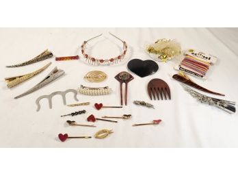 Assortment Of Vintage Hair Fasteners, Barrettes, Clips And More