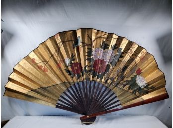 Large Decorative Vintage Oriental Floral Painted Bamboo Wall Fan