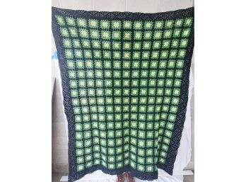 Vintage Hand Knit Granny Square Afghan Quilt- Black, Green & Yellow
