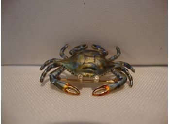 14K Gold Enamel Crab Pin With Diamond Eyes Pin