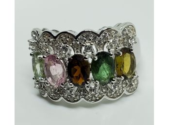 Oval Multi Tourmaline With White Zircon Sterling Silver Ring