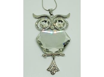 Simulated White Topaz, Austrian Crystal Owl Pendant Necklace