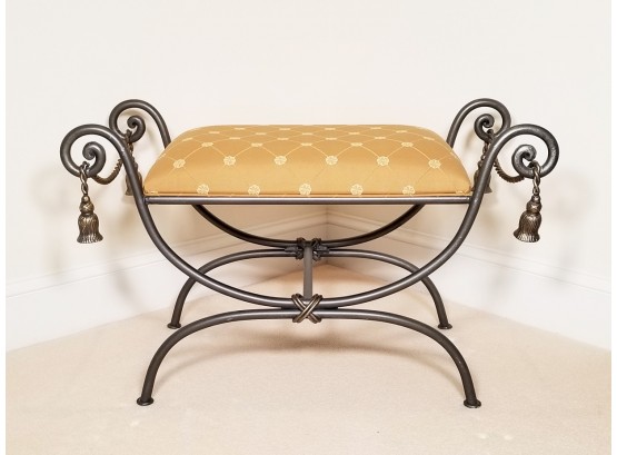 An Upholstered Neoclassical Style Wrought Iron Vanity Bench