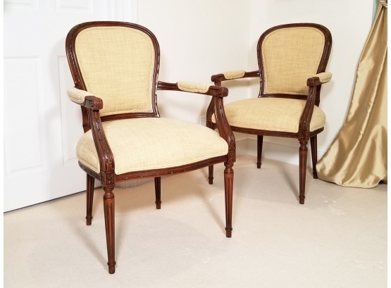 A Pair Of Linen Upholstered Fanteuils By Ethan Allen