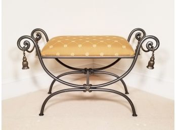 An Upholstered Neoclassical Style Wrought Iron Vanity Bench