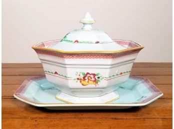 A Vintage Hand Painted English Ceramic Soup Tureen And Platter