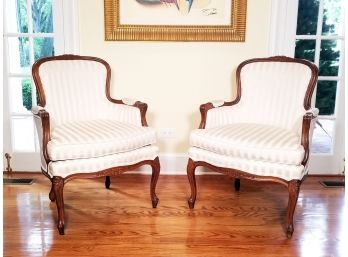 A Pair Of Striped Bergere Chairs By Ethan Allen