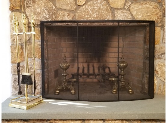A Pairing Of Brass Fireplace Tools And Fireplace Screen
