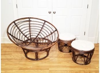 A Vintage Rattan Papasan Chair And Upholstered Footstools