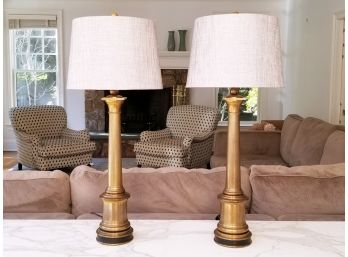 A Pair Of Vintage Brass Lamps With Modern Shades