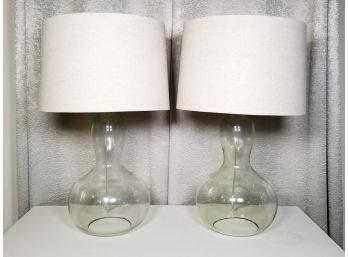 A Pair Of Blown Glass Accent Lamps With Linen Shades