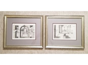A Pair Of Framed Architectural Perspective Drawings