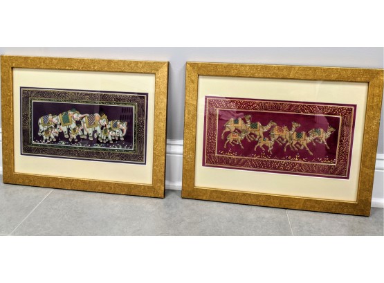 Pair Of Framed Silk Embroidered Artworks From India Of Elephants And Camels