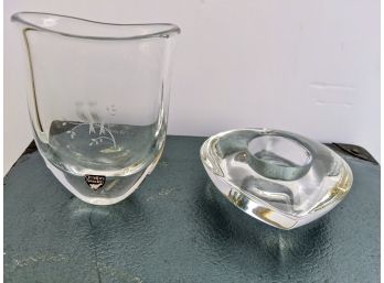 2 Orrefors Glass One Vase And One Heart Vessel For Votive Candle.
