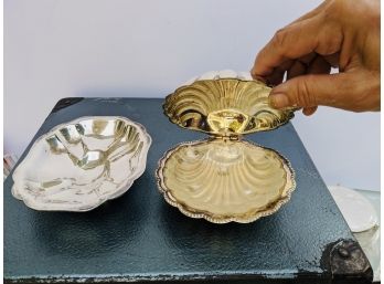 (1) Silver Plate Stamped Shell Dish With Glass And (1) Antique Silver Soap Dish - Unmarked