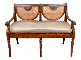 Stunning Vintage Settee With Cane And Custom Silk Cushion