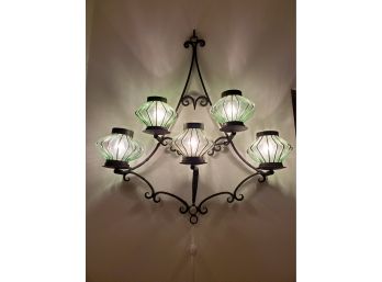 HUGE! Caged Blown Glass & Metal Wall Lamp / Chandelier / Sconce (Green Tones)
